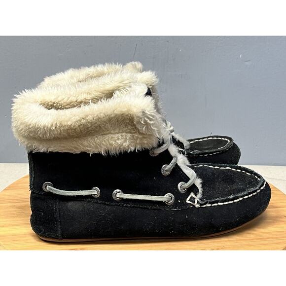 Sperry Top Sider Boots Womens 7M MacKenzie Faux Fur Black Moccasin Ankle Bootie - Picture 2 of 7